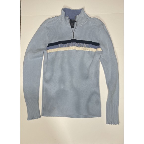 Calvin Klein Vintage Y2K Light Blue Striped Ribbed Quarter Zip Pullover‎ Sweater - Picture 1 of 8